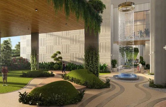 The double-height arrival lobby and landscaped podium at ANP Privado