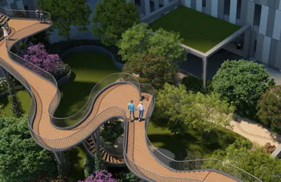 Elevated timber canopy walk winding through planted gardens at ANP Privado