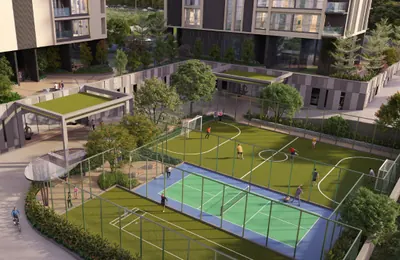 Netted activity field and multipurpose sports court within the ANP Privado podium