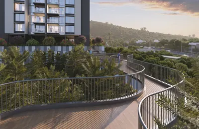 Curved elevated jogging walkway looking out towards the Baner hills at ANP Privado